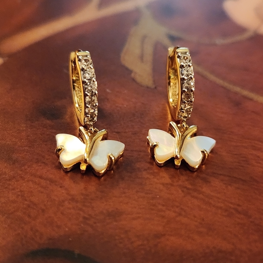 JTV Gold Over Sterling Silver Mother Of Pearl Zircon Butterfly Earrings